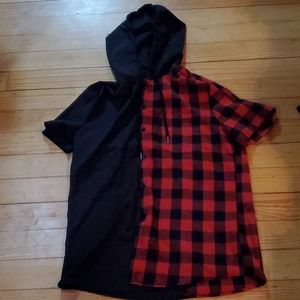 Half red plaid half black button up with hood